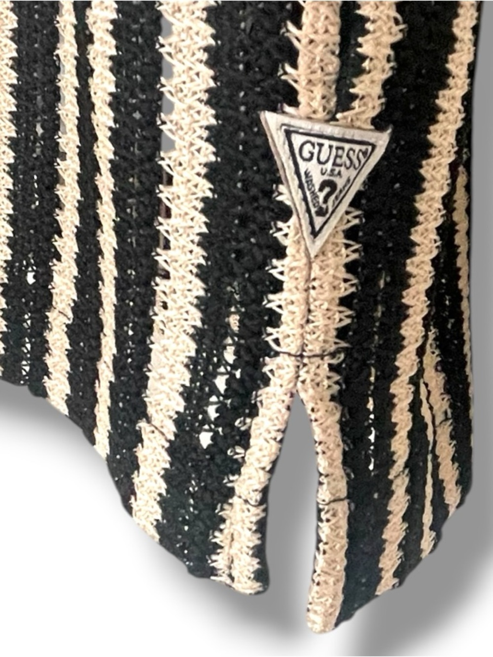 GUESS Black Beige Striped Knit Button Up Shirt Sheer Crochet Retro 90s Inspired - Picture 5 of 8